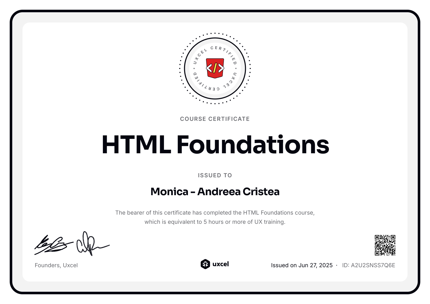 Monica - Andreea Cristea's certificate